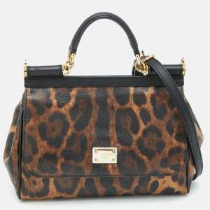 Pre Owned Dolce & Gabbana Brown/Black Leopard Print Coated Canvas and Leather Medium Miss Sicily Top Handle Bag