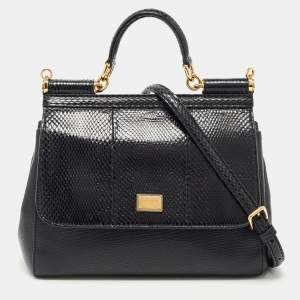 Dolce & Gabbana Black Leather and Snakeskin Medium Miss Sicily Top Handle Bag