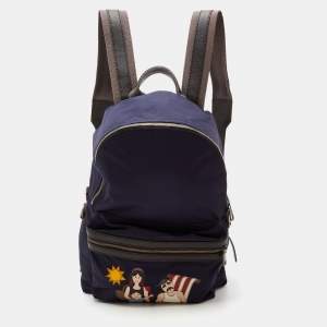 Dolce & Gabbana Navy Blue/Brown Nylon and Leather Printed Backpack