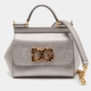 Pre Owned Dolce & Gabbana Silver Leather Mini Crystal and Spike DG Logo Miss Sicily Bag