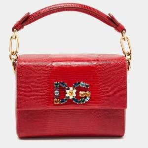 Pre Owned Dolce & Gabbana Red Lizard Embossed Leather DG Millennials Top Handle Bag