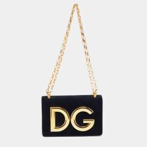 Dolce and Gabbana Black Velvet and Lizard Embossed DG Girls Chain Bag