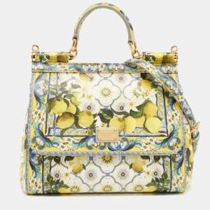 Pre Owned Dolce & Gabbana Multicolor Lemon Print Leather Medium Miss Sicily Top Handle Bag