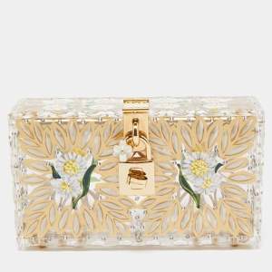 Pre Owned Dolce & Gabbana Gold/Clear Daisy Print Plexiglass Box Clutch