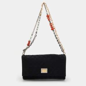 Pre Owned Dolce & Gabbana Black Woven Fabric and Leather Miss Charles Shoulder Bag