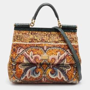 Pre Owned Dolce & Gabbana Multicolor Printed Canvas and Watersnake Leather Large Miss Sicily Top Handle Bag