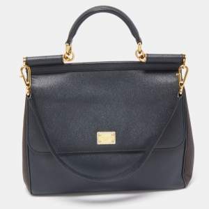 Pre Owned Dolce & Gabbana Dark Grey/Brown Leather Large Miss Sicily Top Handle Bag