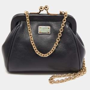 Dolce & Gabana Black Leather Kiss Lock Frame Chain Clutch