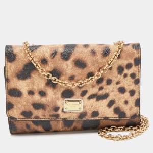 Pre Owned Dolce & Gabbana Brown Leopard Print Coated Canvas Trifold Wallet On Chain