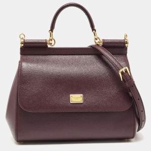 Pre Owned Dolce & Gabbana Burgundy Leather Medium Miss Sicily Top Handle Bag