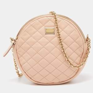 Pre Owned Dolce & Gabbana Peach Quilted Leather Miss Glam Round Shoulder Bag