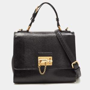 Pre Owned Dolce & Gabbana Black Lizard Embossed Leather Medium Miss Monica Top Handle Bag