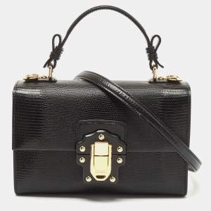 Pre Owned Dolce & Gabbana Black Lizard Embossed Leather Lucia Top Handle Bag