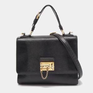 Pre Owned Dolce & Gabbana Black Lizard Embossed Leather Medium Miss Monica Top Handle Bag