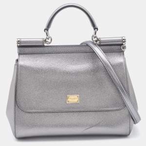 Pre Owned Dolce & Gabbana Silver Leather Medium Miss Sicily Top Handle Bag
