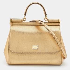 Pre Owned Dolce & Gabbana Gold Leather Medium Miss Sicily Top Handle Bag