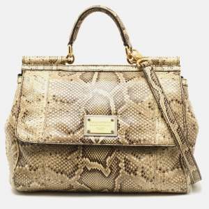 Pre Owned Dolce & Gabbana Cream Python Large Miss Sicily Top Handle Bag