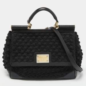 Pre Owned Dolce & Gabbana Black Crochet and Watersnake Large Miss Sicily Top Handle Bag