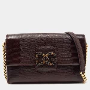 Pre Owned Dolce & Gabbana Dark Burgundy Lizard Embossed Leather DG Millennials Shoulder Bag