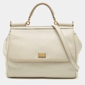 Pre Owned Dolce & Gabbana Off White Leather Large Miss Sicily Top Handle Bag