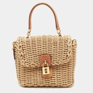 Pre Owned Dolce & Gabbana Tan/Natural Straw and Leather Miss Dolce Top Handle Bag