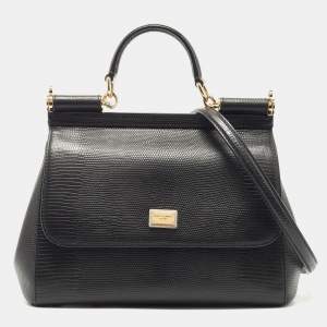 Pre Owned Dolce & Gabbana Black Lizard Embossed Leather Medium Miss Sicily Top Handle Bag