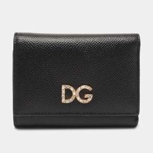 Pre Owned Dolce & Gabbana Black Leather DG Crystals Trifold Wallet