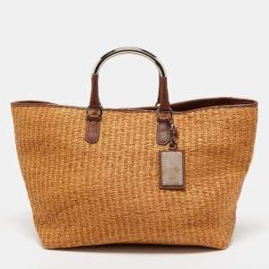 Pre Owned Dolce & Gabbana Brown Raffia And Leather Miss Elsie Tote