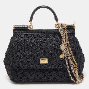 Dolce & Gabbana Black Crochet Raffia and Snakeskin Leather Medium Miss Sicily Top Handle Bag