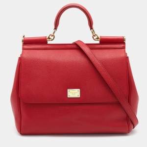 Pre Owned Dolce & Gabbana Red Leather Large Miss Sicily Top Handle Bag