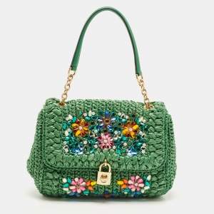 Pre Owned Dolce & Gabbana Green Straw Crystal Embellished Miss Bonita Shoulder Bag