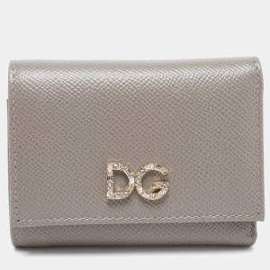 Dolce & Gabbana Beige Leather DG Crystals Trifold Wallet