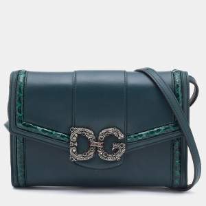 Pre Owned Dolce & Gabbana Green Leather and Python DG Amore Crossbody Bag