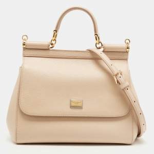 Pre Owned Dolce & Gabbana Beige Leather Medium Miss Sicily Top Handle Bag