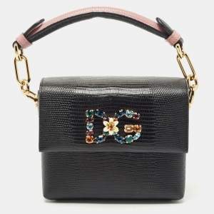 Pre Owned Dolce & Gabbana Black Lizard Embossed Leather DG Millennials Top Handle Bag