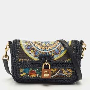 Pre Owned Dolce & Gabbana Navy Blue/Multicolor Printed Canvas and Straw Padlock Shoulder Bag