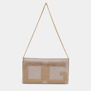Pre Owned Dolce & Gabbana Gold/Silver Crystal Embellished and Watersnake Leather DG Chain Clutch
