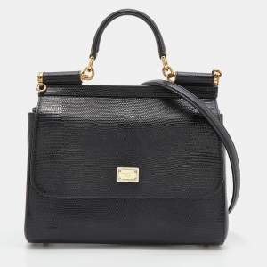 Pre Owned Dolce & Gabbana Black Lizard Embossed Leather Medium Miss Sicily Top Handle Bag with Wallet