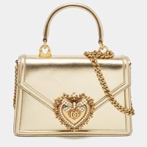 Pre Owned Dolce & Gabbana Gold Leather Small Devotion Top Handle Bag