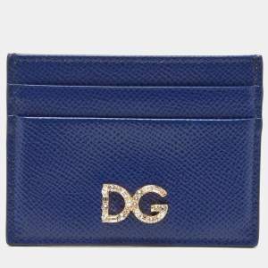 Pre Owned Dolce & Gabbana Blue Leather DG Crystal Logo Card Holder