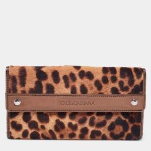 Dolce & Gabbana Brown Leopard Print Calfhair and Patent Leather Continental Wallet