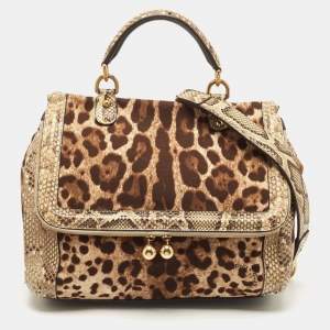 Pre Owned Dolce & Gabbana Brown Leopard Print Canvas & Python Skin Leather Sicily Shoulder Bag