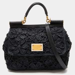 Pre Owned Dolce & Gabbana Black Crochet Raffia and Leather Large Miss Sicily Top Handle Bag