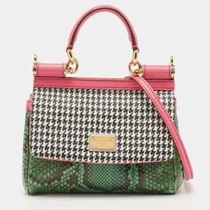 Pre Owned Dolce & Gabbana Multicolor Woven Straw, Leather and Python Small Miss Sicily Top Handle Bag