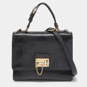 Pre Owned Dolce & Gabbana Black Lizard Embossed Leather Medium Miss Monica Top Handle Bag