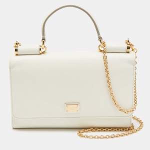 Pre Owned Dolce & Gabbana Off White Leather Miss Sicily Von Wallet on Chain