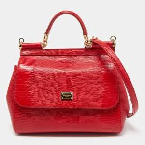 Dolce & Gabbana Red Lizard Embossed Leather Medium Miss Sicily Top Handle Bag