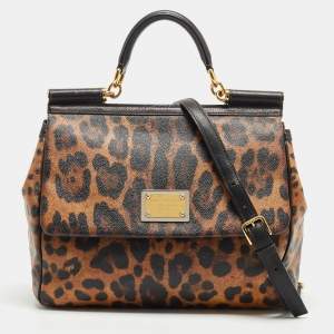 Pre Owned Dolce & Gabbana Black/Brown Leopard Print Coated Canvas Large Miss Sicily Top Handle Bag