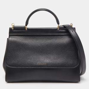 Pre Owned Dolce & Gabbana Black Leather Sicily Flap Top Handle Bag