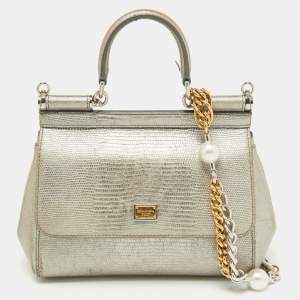 Dolce & Gabbana Metallic Silver Iguana Embossed Leather Small Miss Sicily Top Handle Bag
